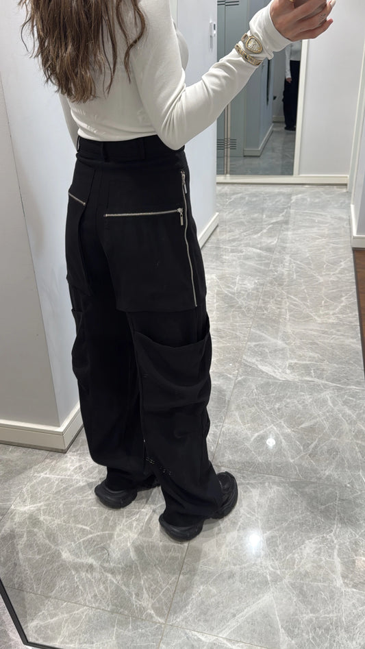 Black Cargo Pants with zipper details