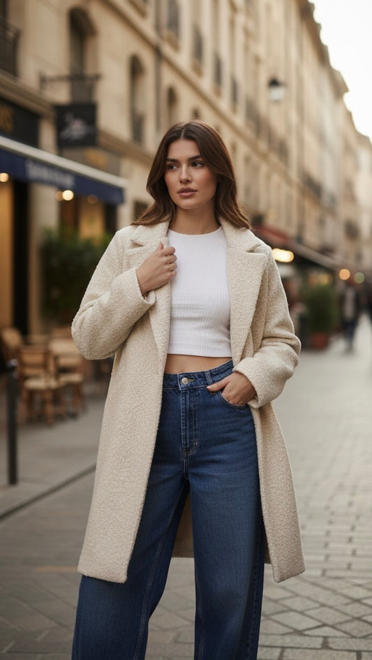 Double breasted pocket boucle coat