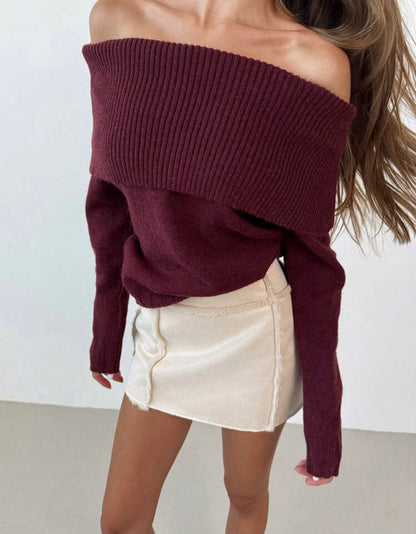 Offshoulder long sleeve knitted sweater
