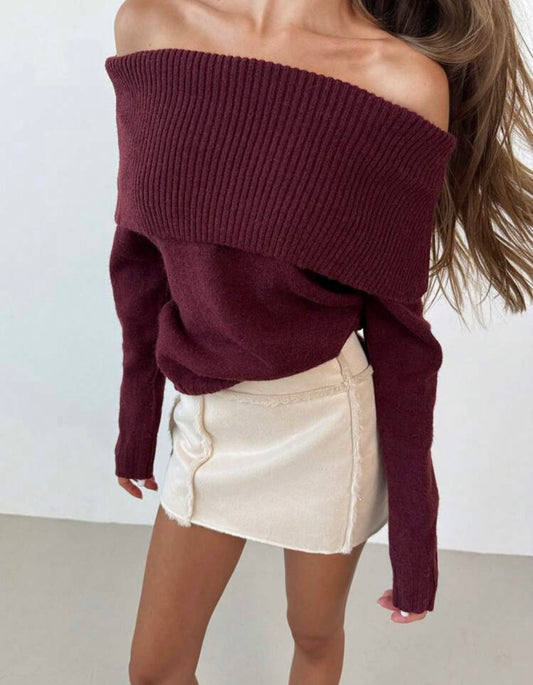 Offshoulder long sleeve knitted sweater