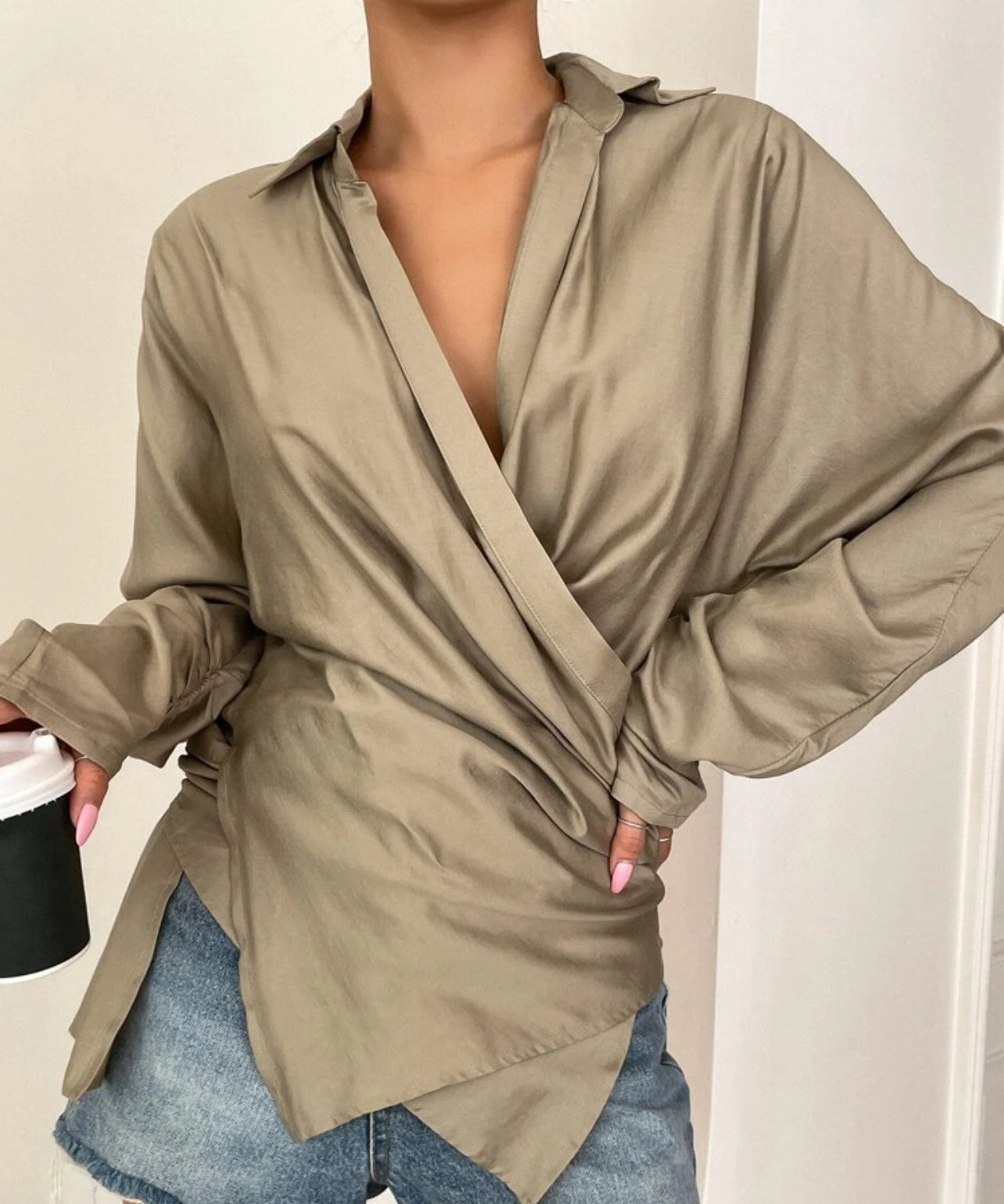 Solid wrap detail asymmetrical Blouse