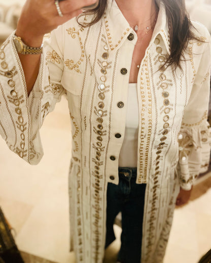 Long Denim x Crep Blouse with Gold embroidery