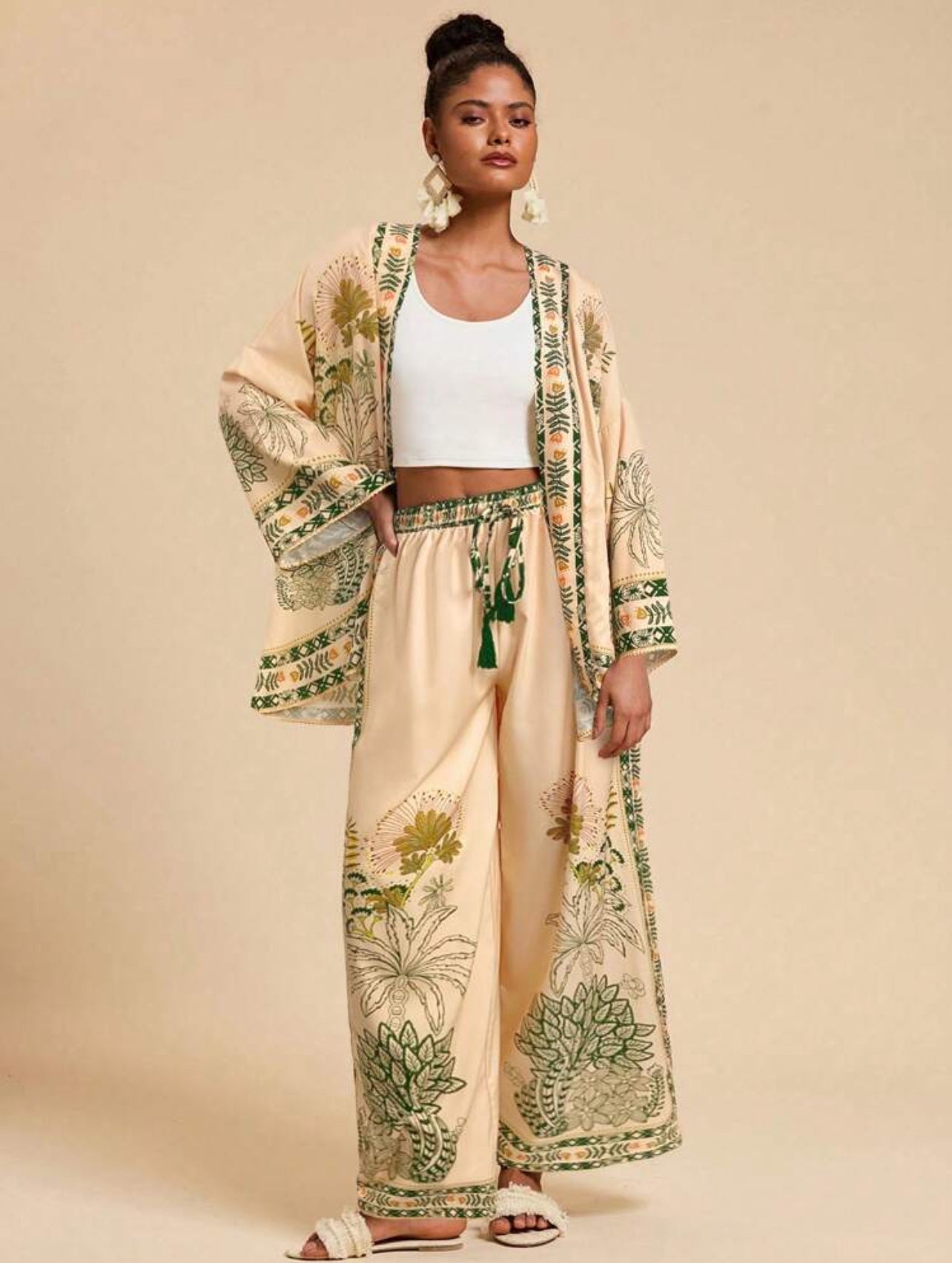 Printed Cardigan/wide Leg Pants Set