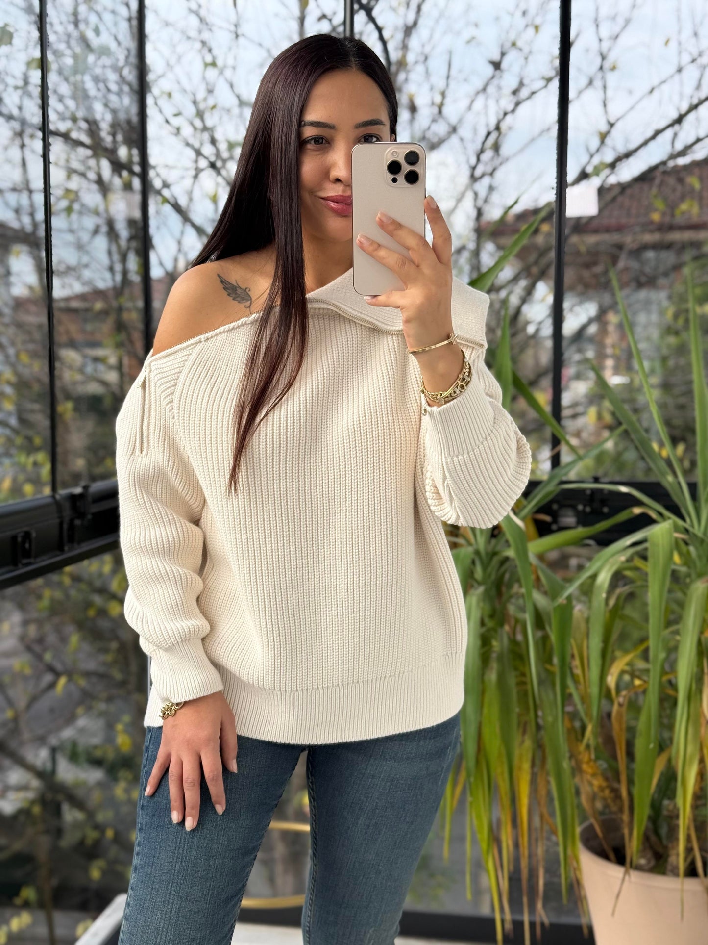 Side-Zip Wide Collar Knitted Sweater
