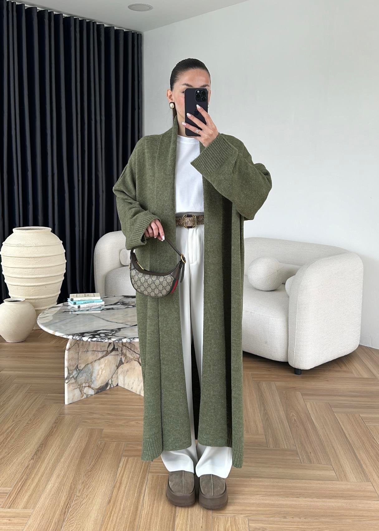 Long olive Wool Cardigan