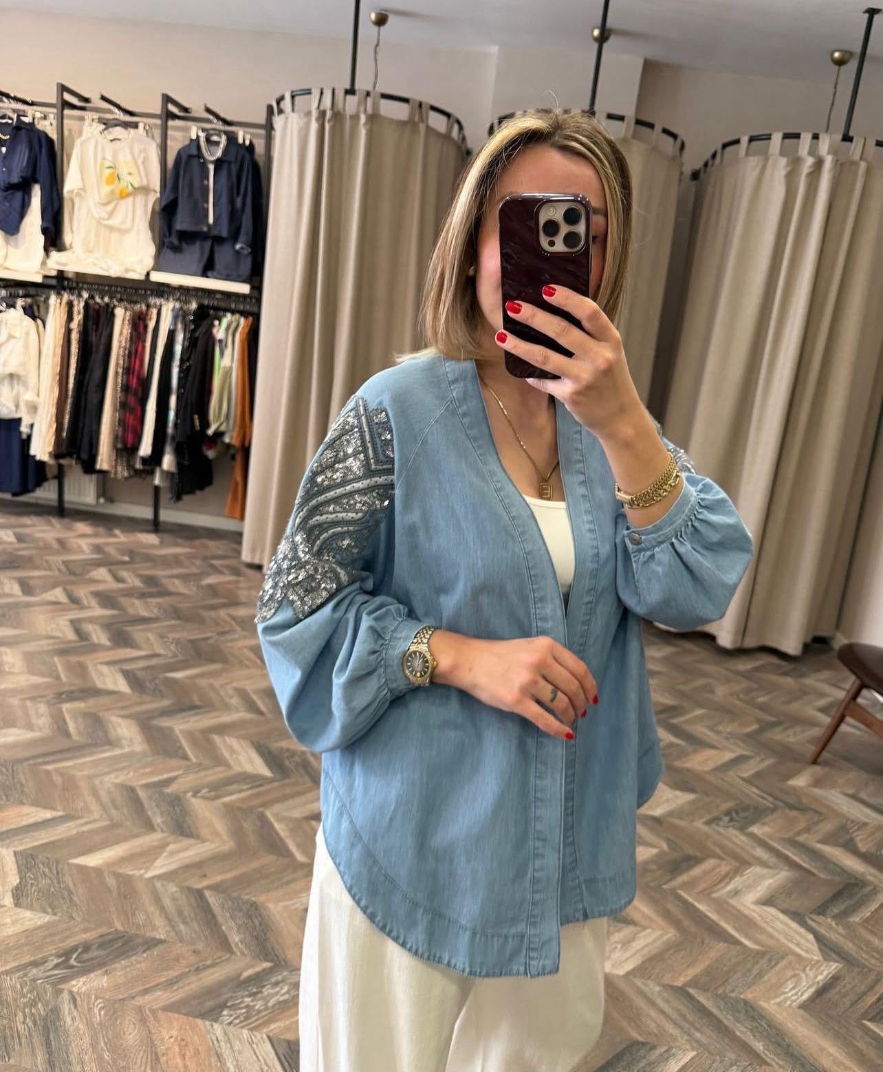 Sequined Denim Cardigan