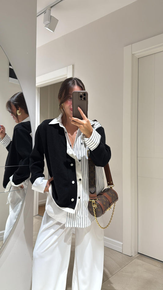 White Black Knitwear Detailed Design Shirt