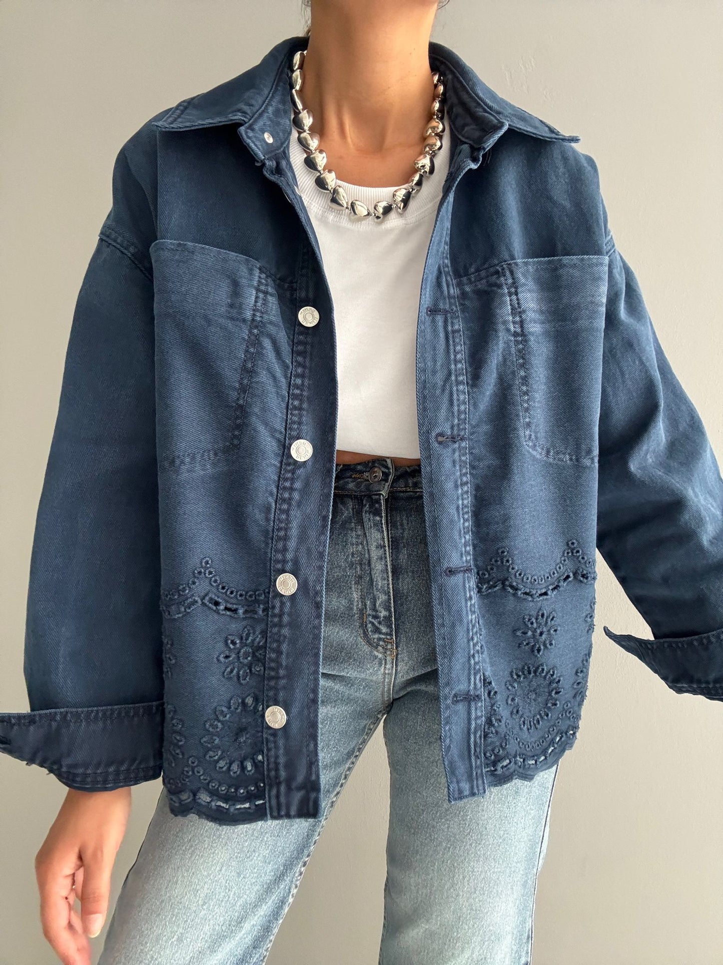 Navy Blue Denim Jacket with Scallop Detail