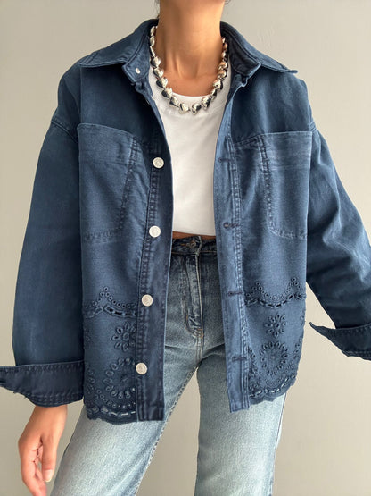 Navy Blue Denim Jacket with Scallop Detail