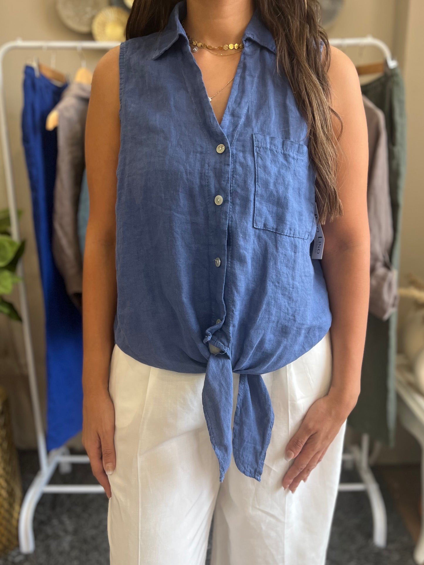 Italian 🇮🇹 Linen Blue sleeveless Vest front knotted