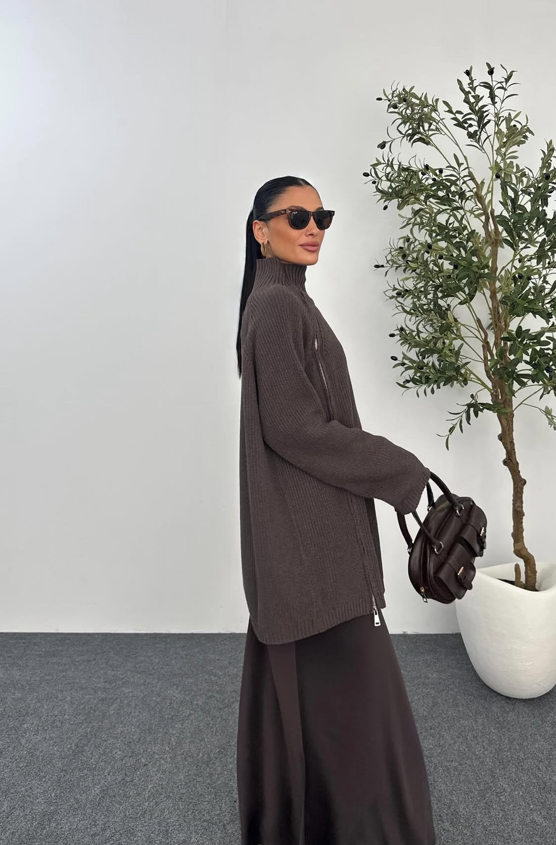 Side Zipper Brown Sweater