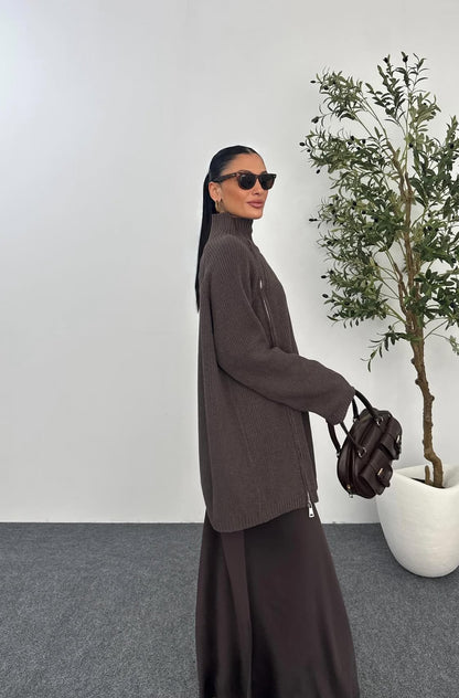 Side Zipper Brown Sweater