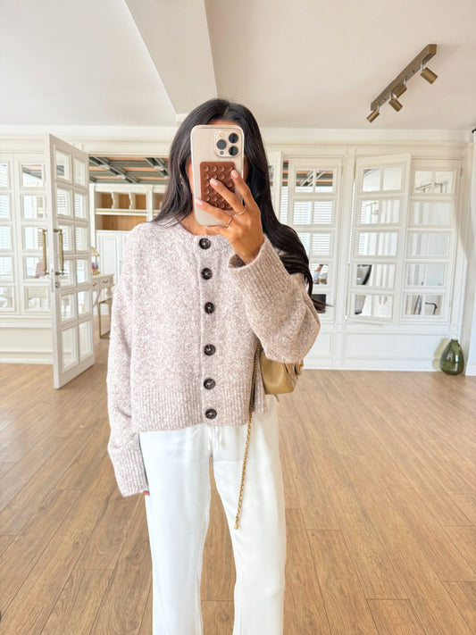 Beige Stand Collar Buttoned Soft Texture Cardigan