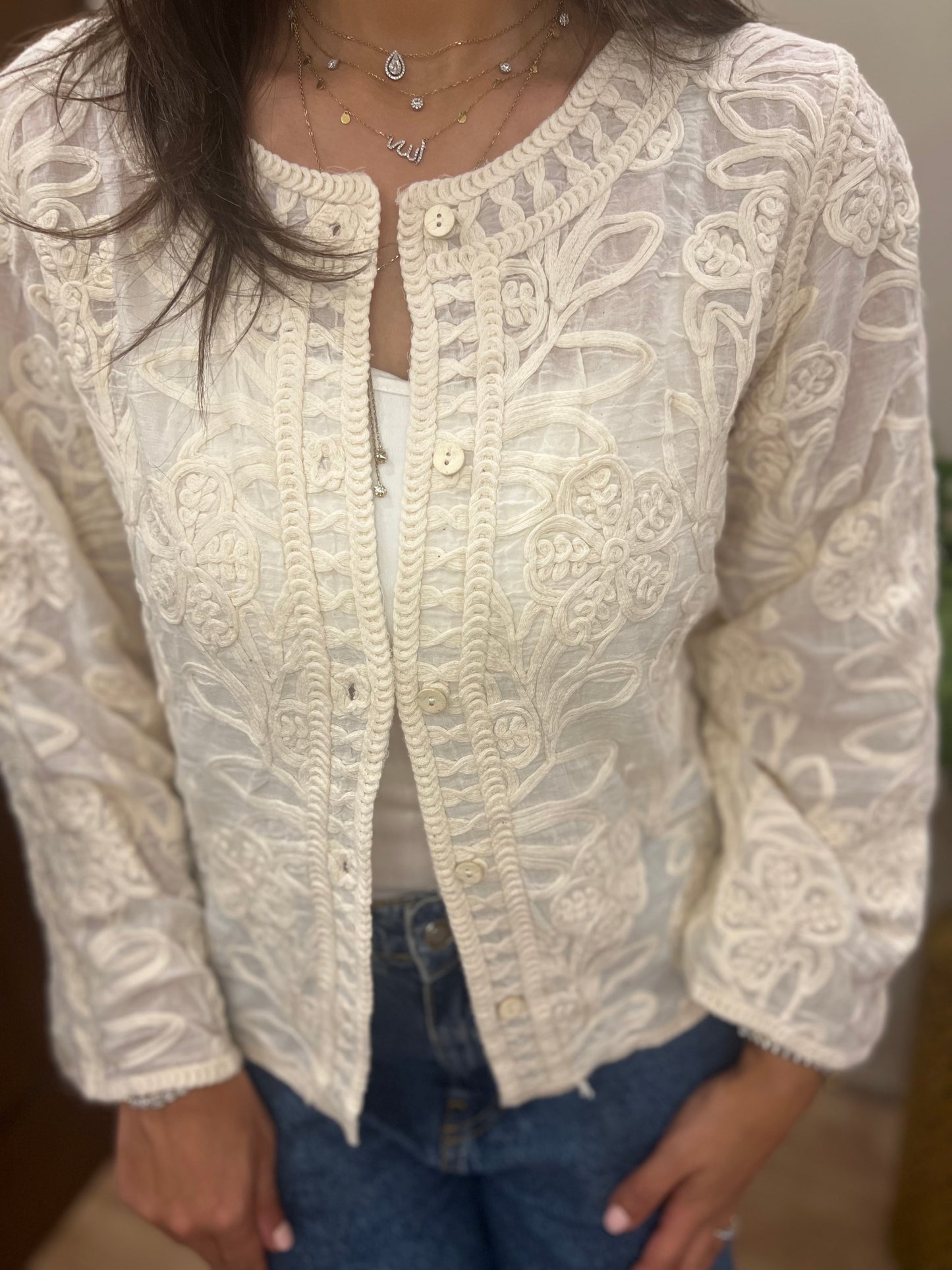 Beige Embroidered Cardigan