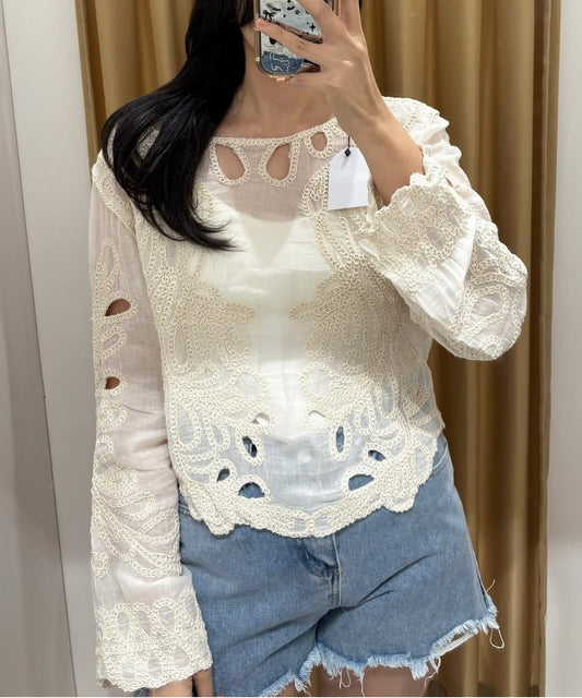 Beige Crochet Long Sleeve Blouse