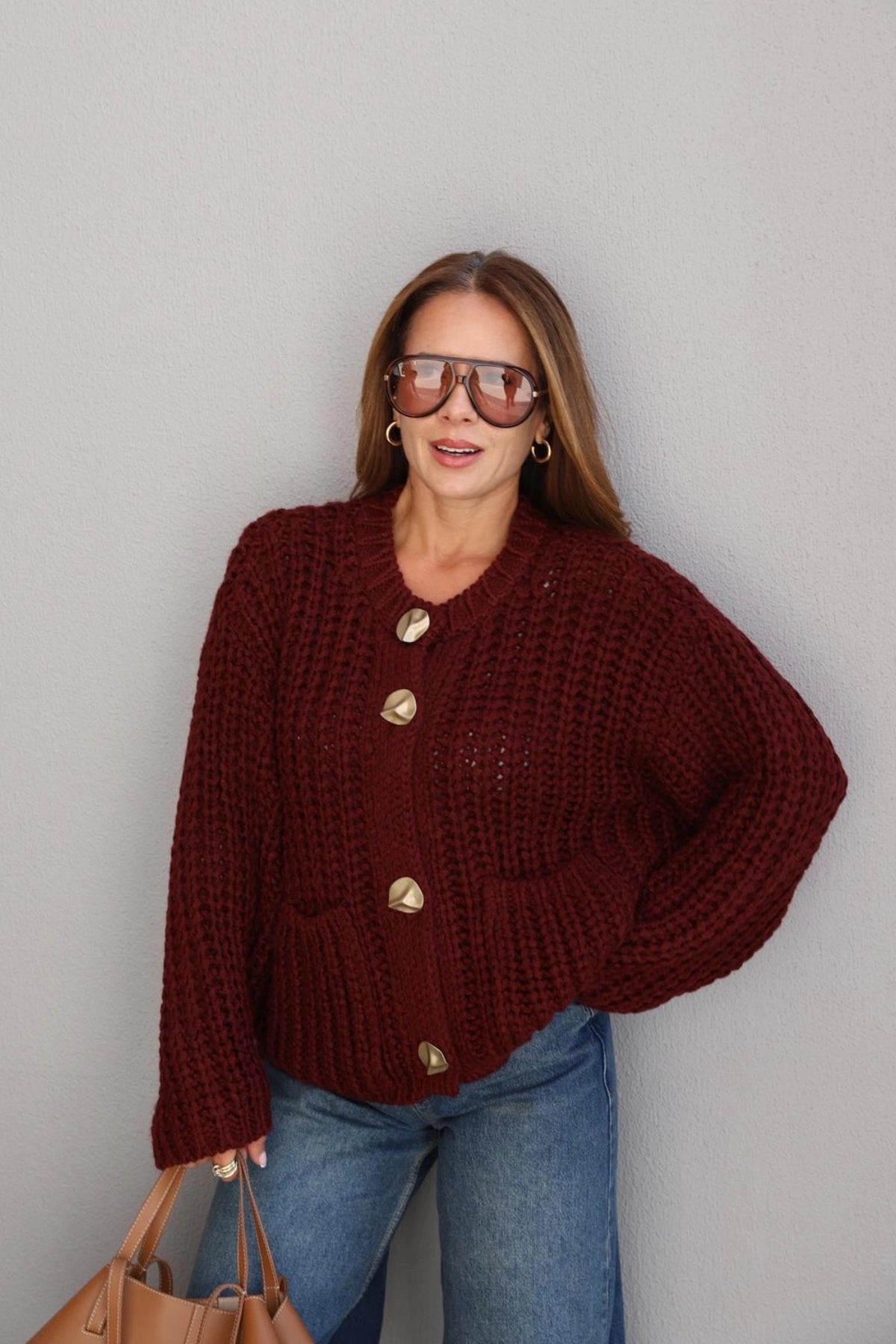 Burgundy Golden Buttons Triko Sweater