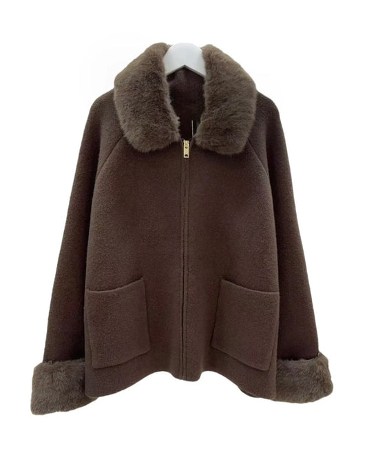 Brown Knit Jacket with Faux fur collar and Sleeves