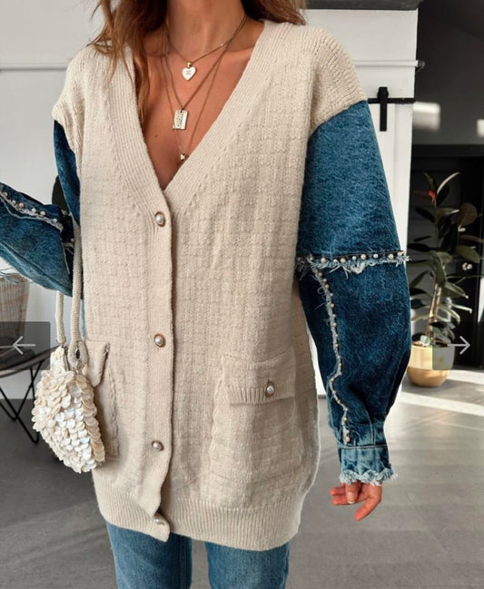 Denim Sleeves Knit Cardigan