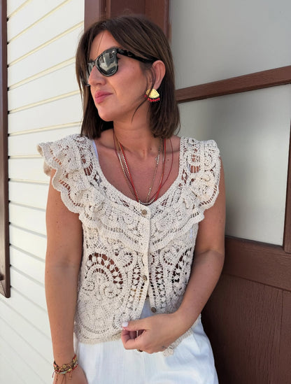 Crochet Beige Boat Neck Top
