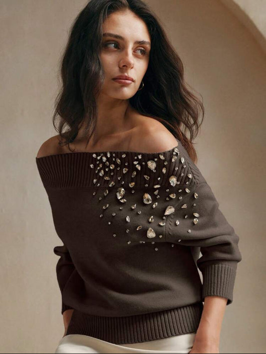 Offshoulder brown beaded sweater