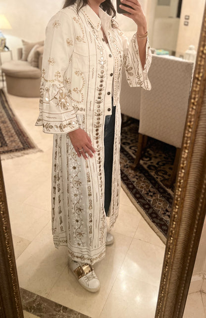 Long Denim x Crep Blouse with Gold embroidery