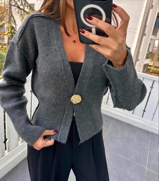 Gold button grey knit cardigan