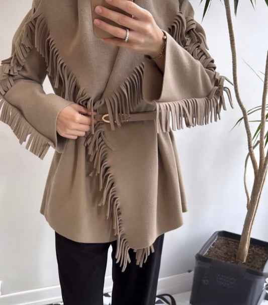 Beige Wool fringes cardigan with belt