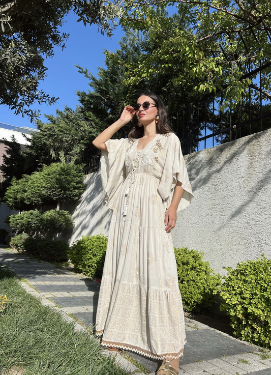 Embroidered Beige Maxi Dress