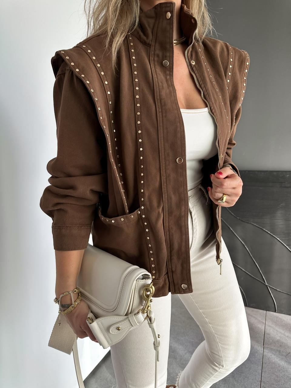 Brown Studded Shoulder Detailed Design Denim Jacket