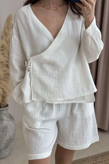 Muslin Cotton white Blouse/Short Set