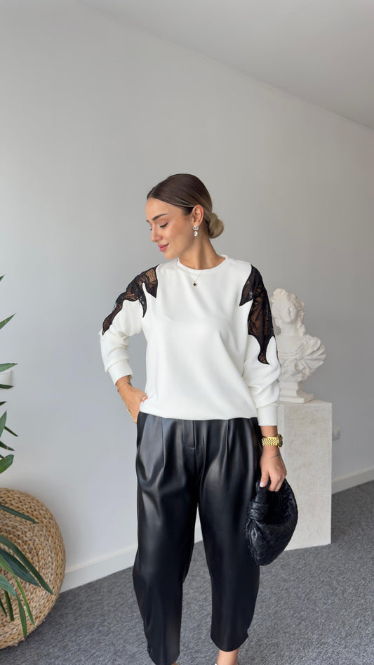Laser Guipure Embroidered White Modal Sweater