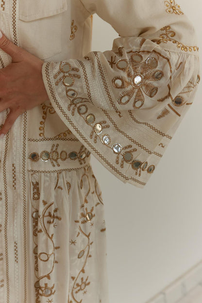 Long Denim x Crep Blouse with Gold embroidery