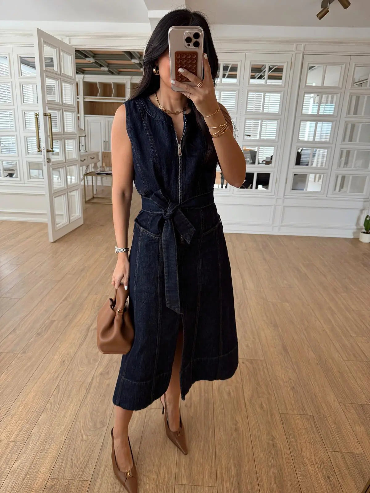 Denim Midi zippered belted Dress