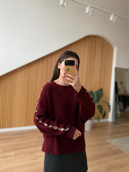 Burgundy Sleeve Silver Detailed Sweater