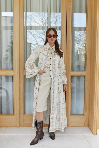 Long Denim x Crep Blouse with Gold embroidery