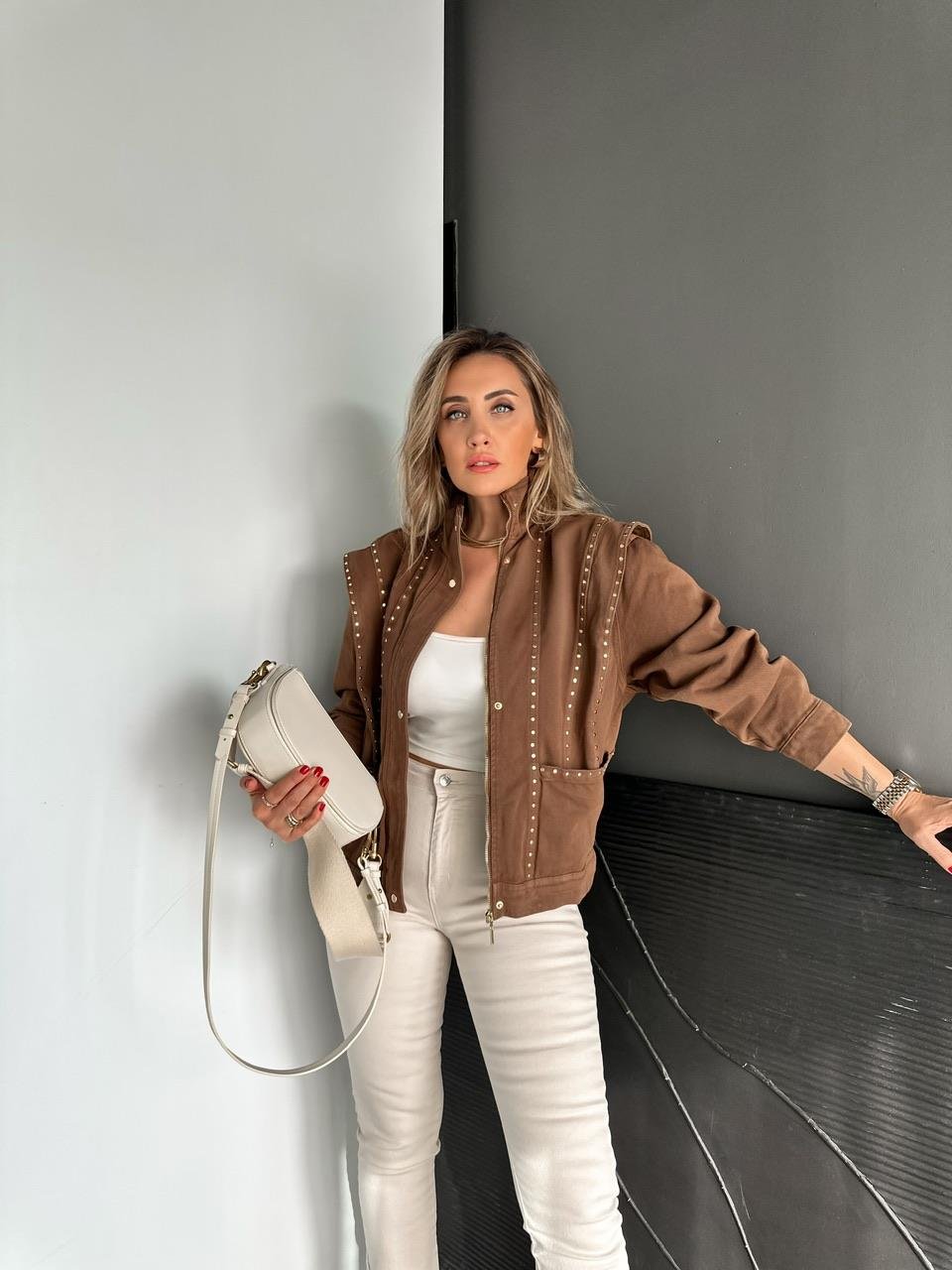 Brown Studded Shoulder Detailed Design Denim Jacket