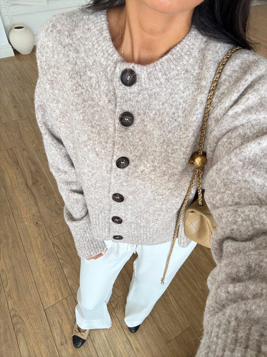 Beige Stand Collar Buttoned Soft Texture Cardigan