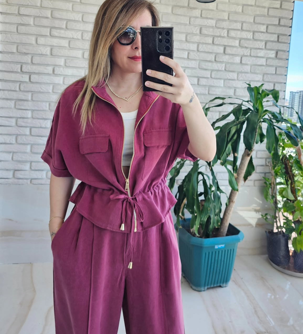 Viscose washed burgundy Set with Zipper details