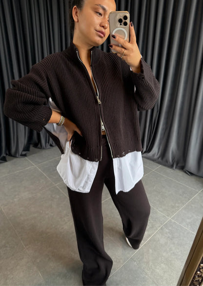 Brown Poplin Shirt Detailed Knitwear Suit