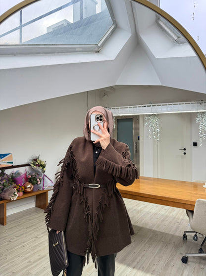 Brown Wool fringes cardigan with belt