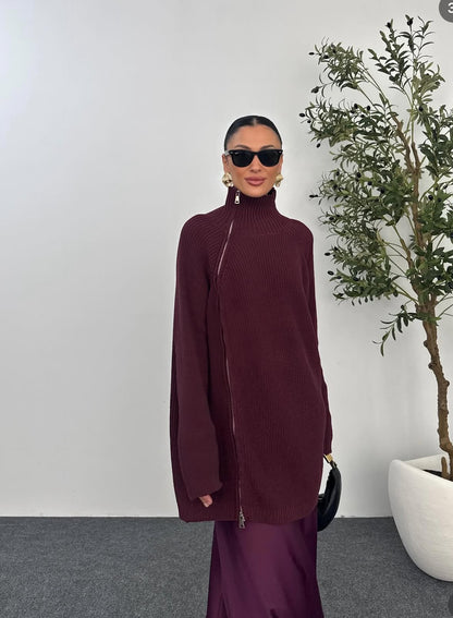 Side Zipper Burgundy Sweater