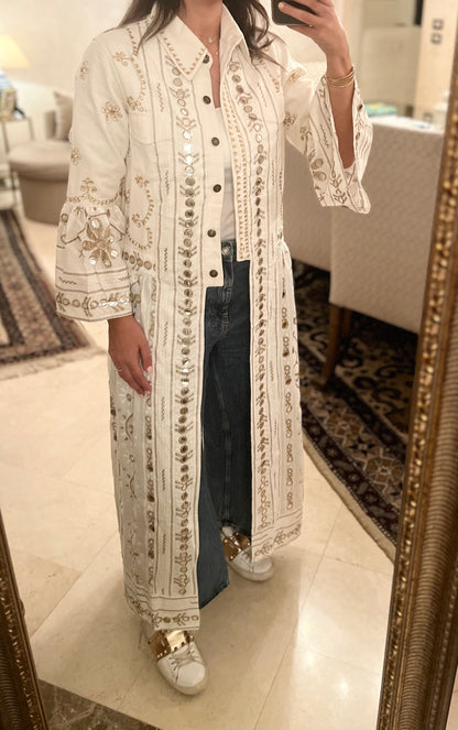 Long Denim x Crep Blouse with Gold embroidery