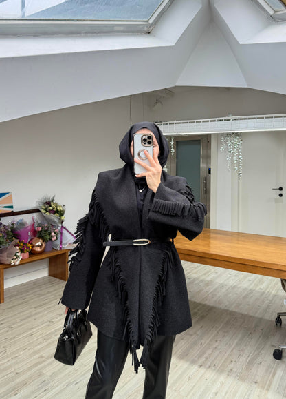 Black Wool fringes cardigan with belt