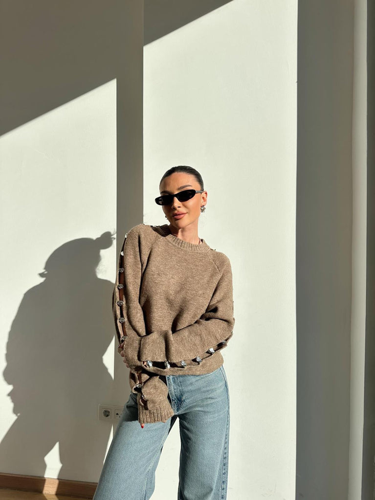 Beige Sleeve Silver Detailed Sweater