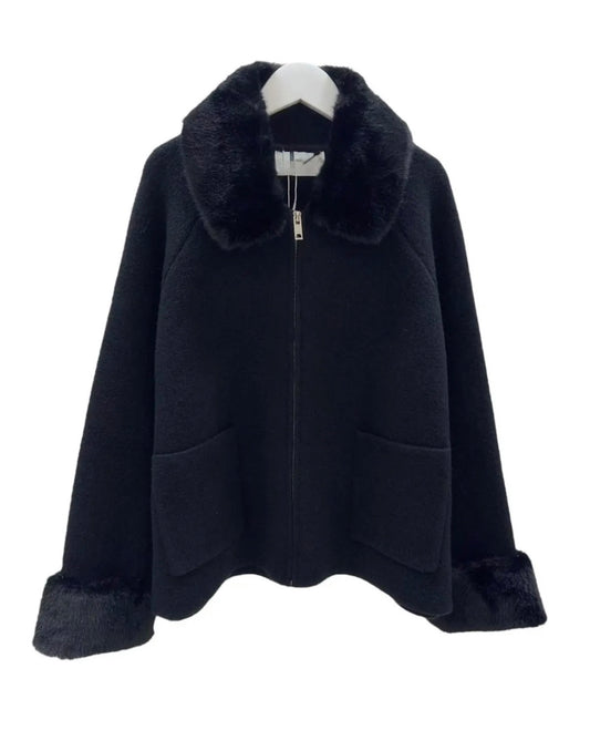 Black Knit Jacket with Faux fur collar and Sleeves