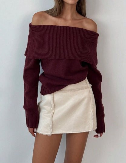 Offshoulder long sleeve knitted sweater