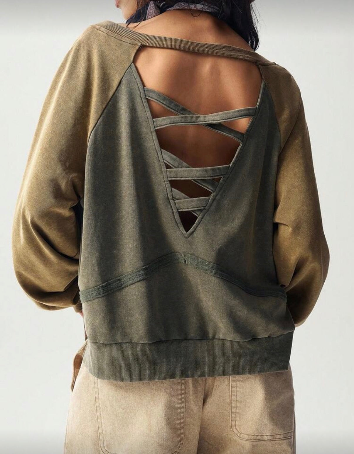 Bohemian olive V neck sweatshirt