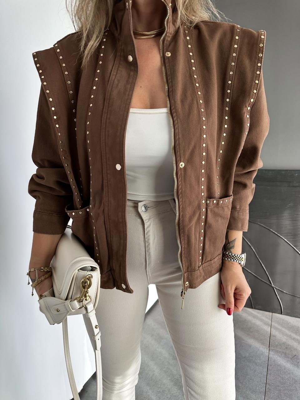 Brown Studded Shoulder Detailed Design Denim Jacket