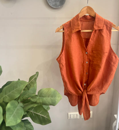 Italian 🇮🇹 Linen Orange sleeveless Vest front knotted