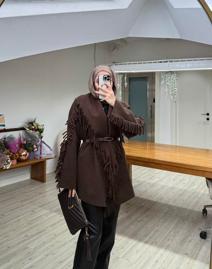 Brown Wool fringes cardigan with belt